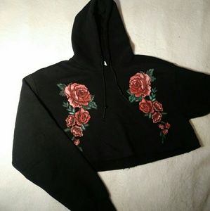 Black Cropped Hoodie with Rose Accents
